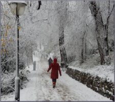 Besneeuwd Zocherpark met twee wandelaars
