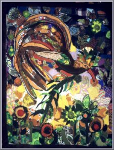 bruin, groen, compositie met bloemen en geel verloop