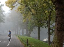 Fietser langs de oostzijde van een mistige Utrechtse singel