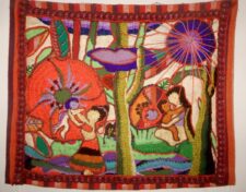 Moeders met kinderen in rood, oranje en blauw