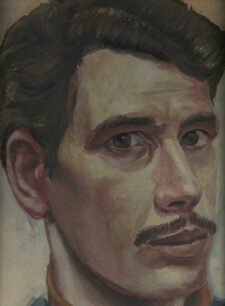 Zelfportret Robert Lengkeek als jonge twintiger in bruintinten. Hij kijkt op een typische manier weg vanuit zijn ooghoeken.