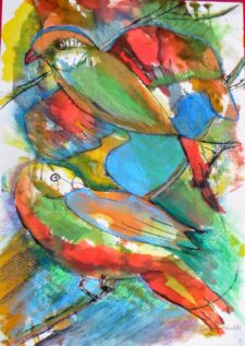 twee vogels gespiegeld in rood en blauw